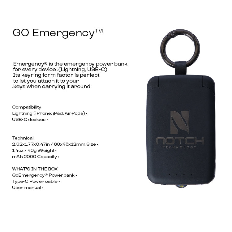 NOTCH GoEmergency PowerBank 2000mAh with Built-in USB-C & Lightning